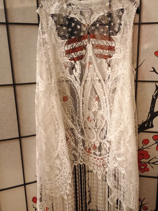 Claire's Jackets & Blazers - NWT White Lace Fringe Kimono Vest with Patriotic Butterfly Print
